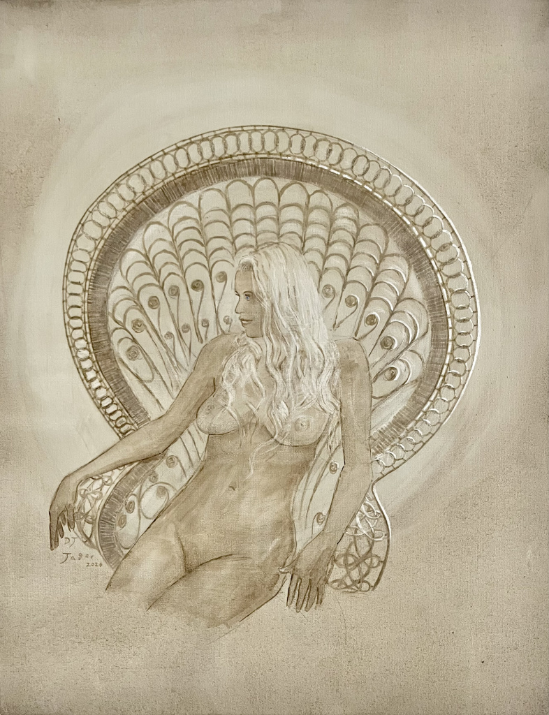 Nude model on peacock chair